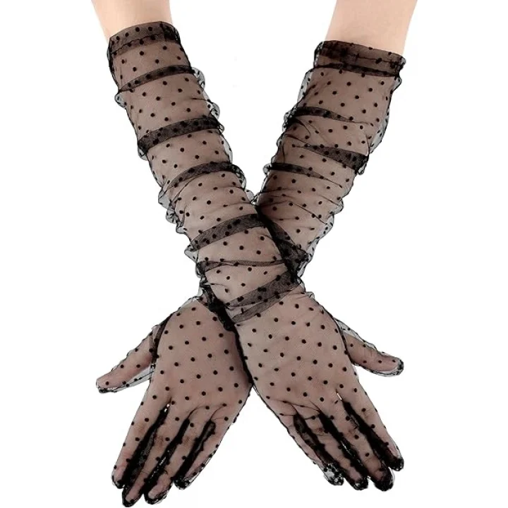 Mey İthalat® Uzun Boy Siyah Puantiyeli Siyah Renk Yetişkin Tül Eldiven 55 cm