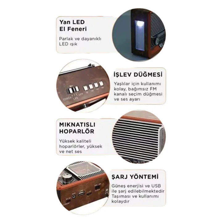 Mey İthalat® Vintage Nostaljik Radyo AUX USB SD Kart Girişli Şarjlı Bluetooth Bağlantılı