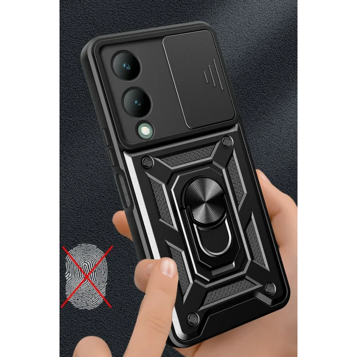 Mey İthalat®  Vivo Y17S Kılıf Pars Lens Yüzüklü Silikon - Siyah