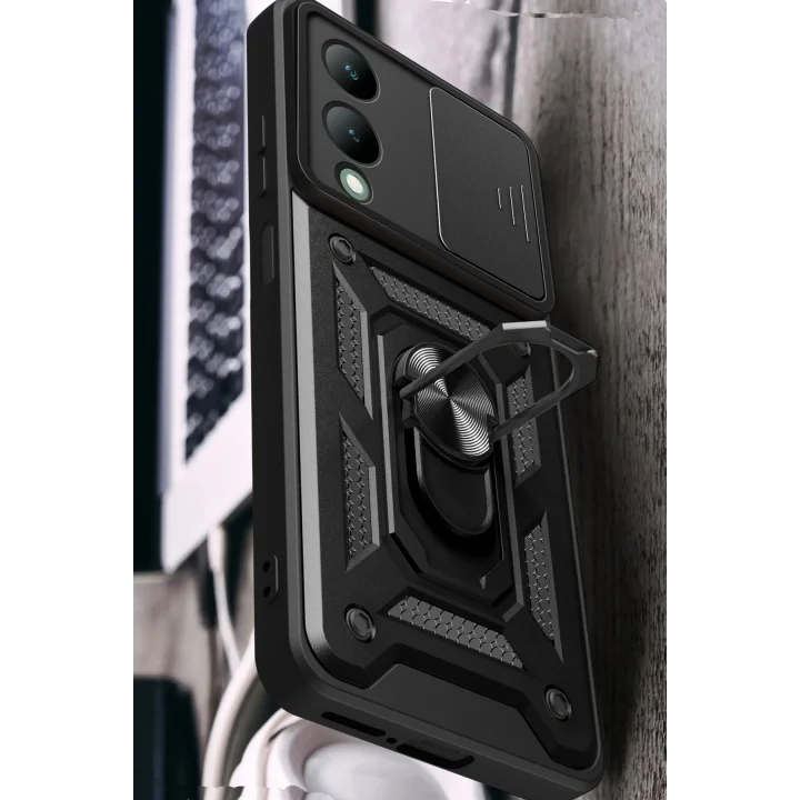 Mey İthalat®  Vivo Y17S Kılıf Pars Lens Yüzüklü Silikon - Siyah