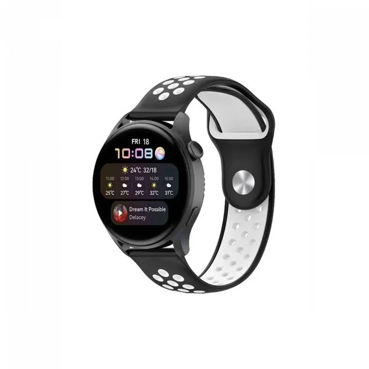 Mey İthalat®  Watch 20mm Spor Delikli Kordon - Siyah-Beyaz