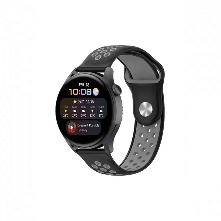 Mey İthalat®  Watch 20mm Spor Delikli Kordon - Siyah-Gri