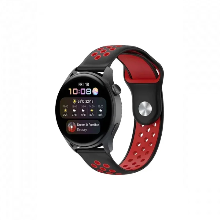 Mey İthalat®  Watch 20mm Spor Delikli Kordon - Siyah-Kırmızı