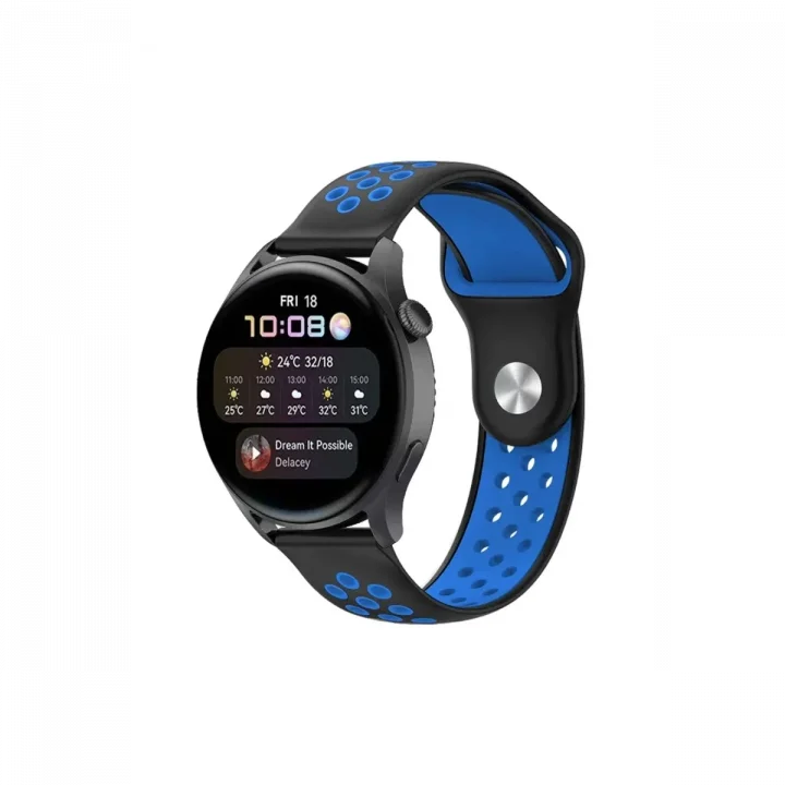 Mey İthalat®  Watch 20mm Spor Delikli Kordon - Siyah-Mavi