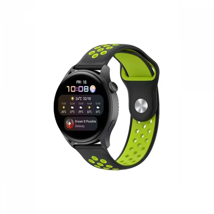 Mey İthalat®  Watch 20mm Spor Delikli Kordon - Siyah-Yeşil