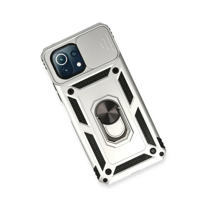 Mey İthalat®  Xiaomi Mİ 11 Lite Kılıf Pars Lens Yüzüklü Silikon - Gümüş