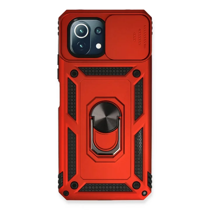 Mey İthalat®  Xiaomi Mİ 11 Lite Kılıf Pars Lens Yüzüklü Silikon - Kırmızı