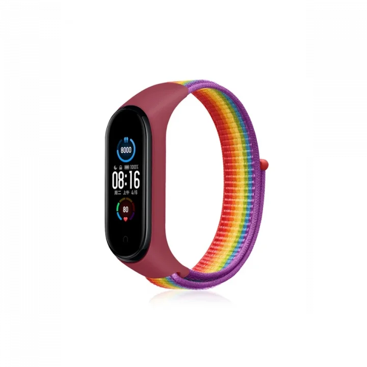 Mey İthalat®  Xiaomi Mi Band 4 Hasırlı Cırtcırtlı Kordon - Gökkuşağı