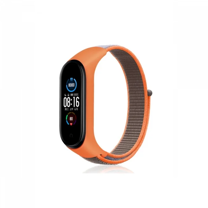Mey İthalat®  Xiaomi Mi Band 4 Hasırlı Cırtcırtlı Kordon - Turuncu-Gri