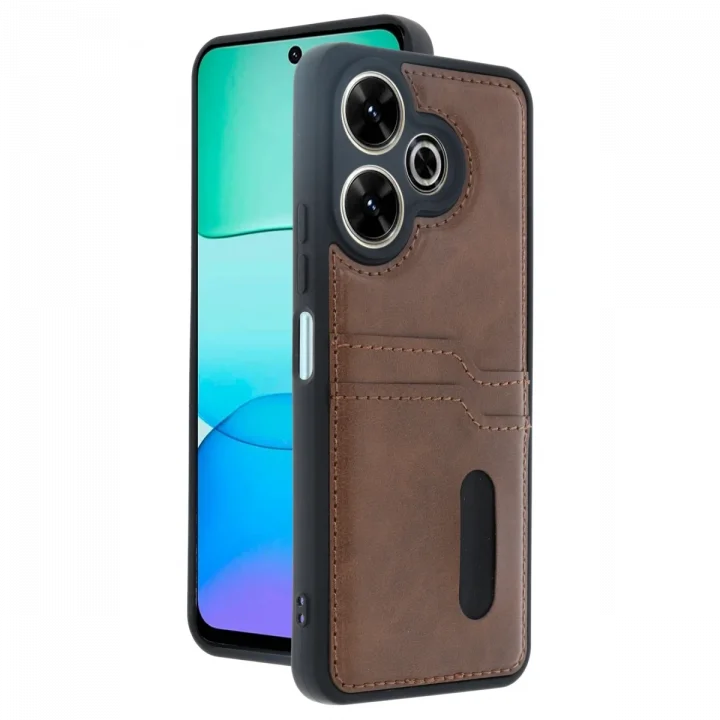 Mey İthalat®   Redmi 13 4G Kılıf Sara Kartvizitli Deri Kılıf - Taba
