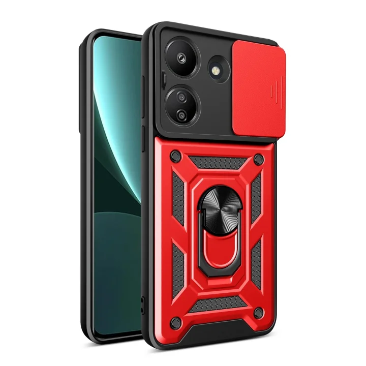 Mey İthalat®   Redmi 13C Kılıf Pars Lens Yüzüklü Silikon - Kırmızı
