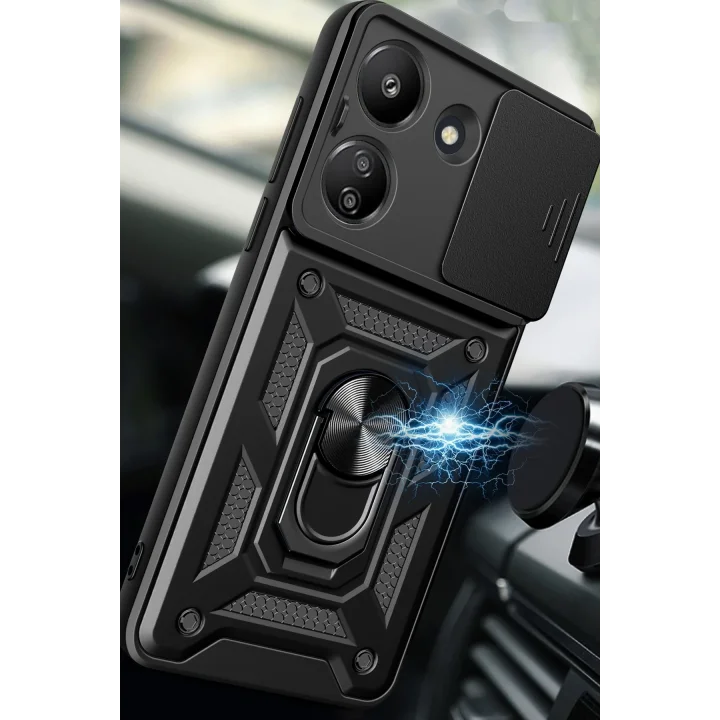 Mey İthalat®   Redmi 13C Kılıf Pars Lens Yüzüklü Silikon - Siyah
