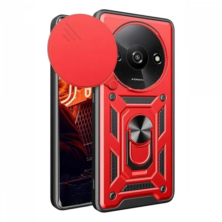 Mey İthalat®   Redmi A3 4G Kılıf Pars Lens Yüzüklü Silikon - Kırmızı