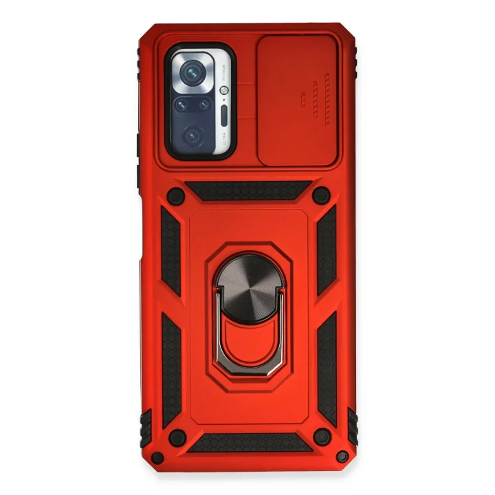 Mey İthalat®  Xiaomi Redmi Note 10 Pro Kılıf Pars Lens Yüzüklü Silikon - Kırmızı
