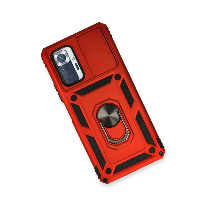 Mey İthalat®  Xiaomi Redmi Note 10 Pro Kılıf Pars Lens Yüzüklü Silikon - Kırmızı