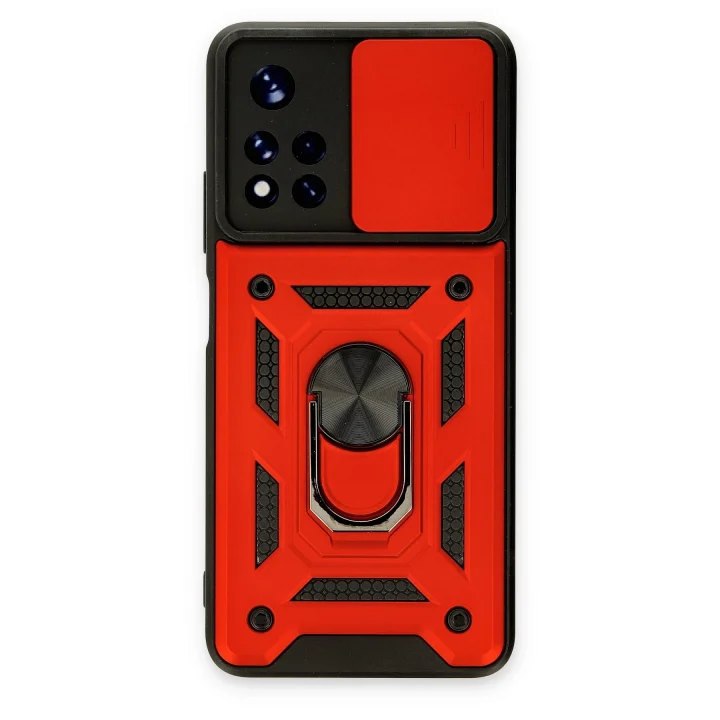 Mey İthalat®  Xiaomi Redmi Note 11T Kılıf Pars Lens Yüzüklü Silikon - Kırmızı