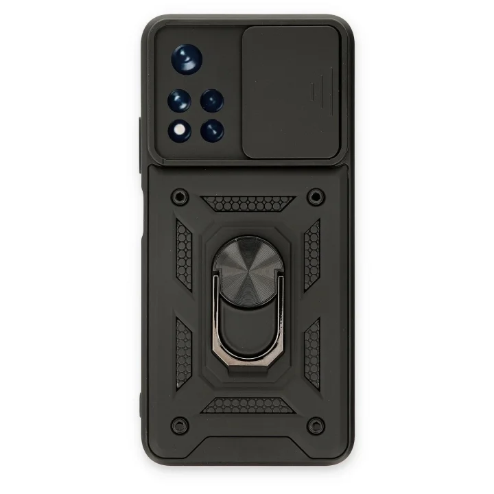 Mey İthalat®  Xiaomi Redmi Note 11T Kılıf Pars Lens Yüzüklü Silikon - Siyah