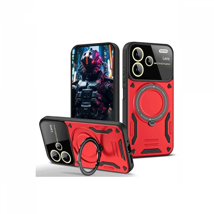 Mey İthalat®   Redmi Note 13 Pro Plus Joy Lens Standlı Kapak - Kırmızı
