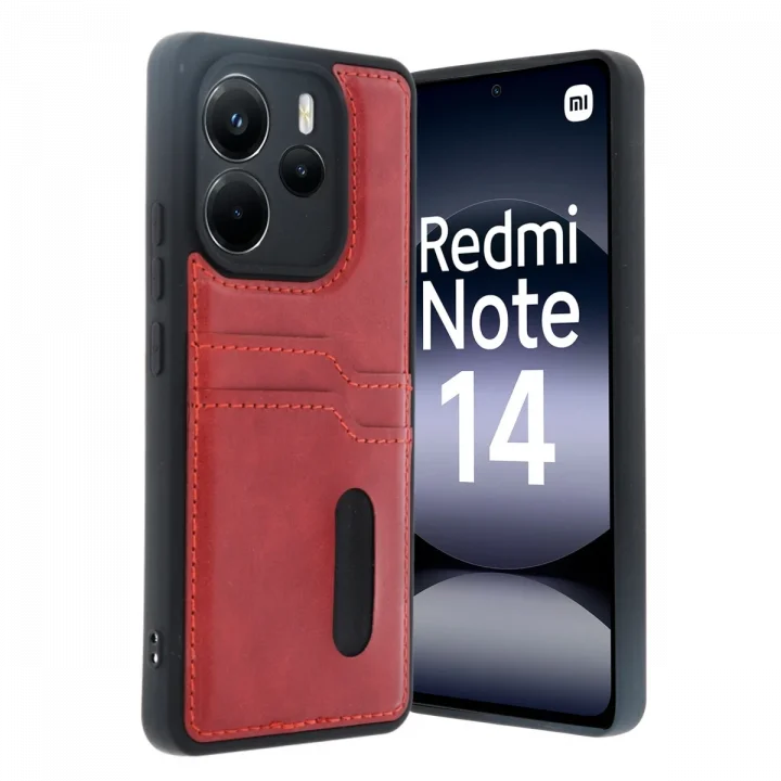 Mey İthalat®   Redmi Note 14 4G Kılıf Sara Kartvizitli Deri Kılıf - Kırmızı