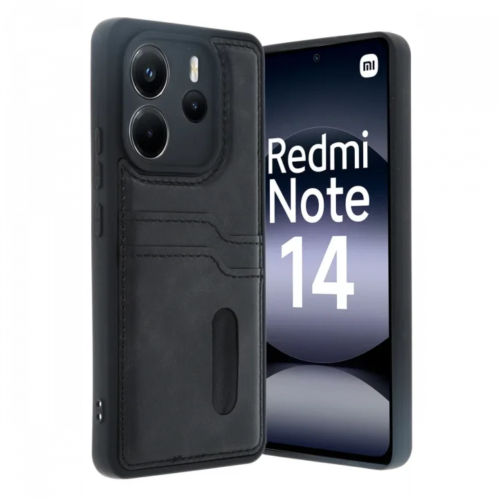 Mey İthalat®   Redmi Note 14 4G Kılıf Sara Kartvizitli Deri Kılıf - Siyah