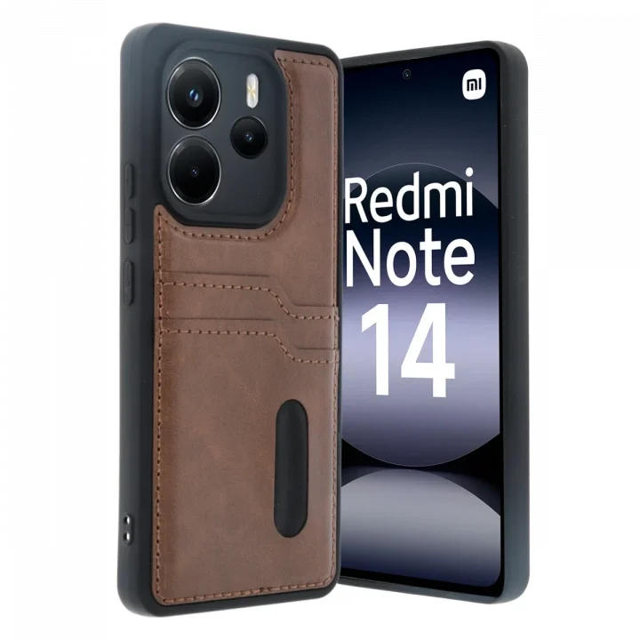Mey İthalat®   Redmi Note 14 4G Kılıf Sara Kartvizitli Deri Kılıf - Taba