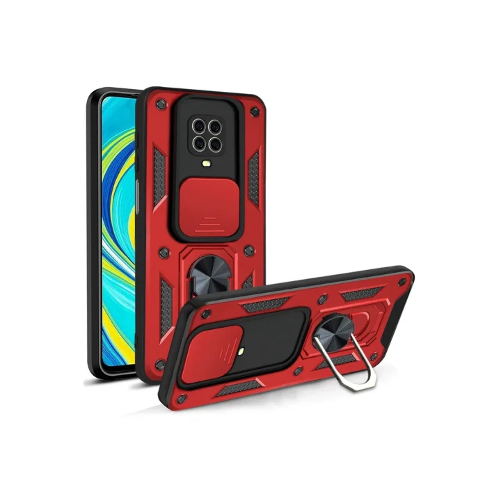 Mey İthalat®  Xiaomi Redmi Note 9 Pro Kılıf Pars Lens Yüzüklü Silikon - Kırmızı