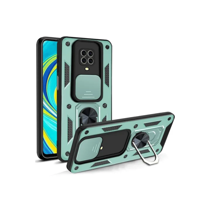 Mey İthalat®  Xiaomi Redmi Note 9 Pro Kılıf Pars Lens Yüzüklü Silikon - Yeşil