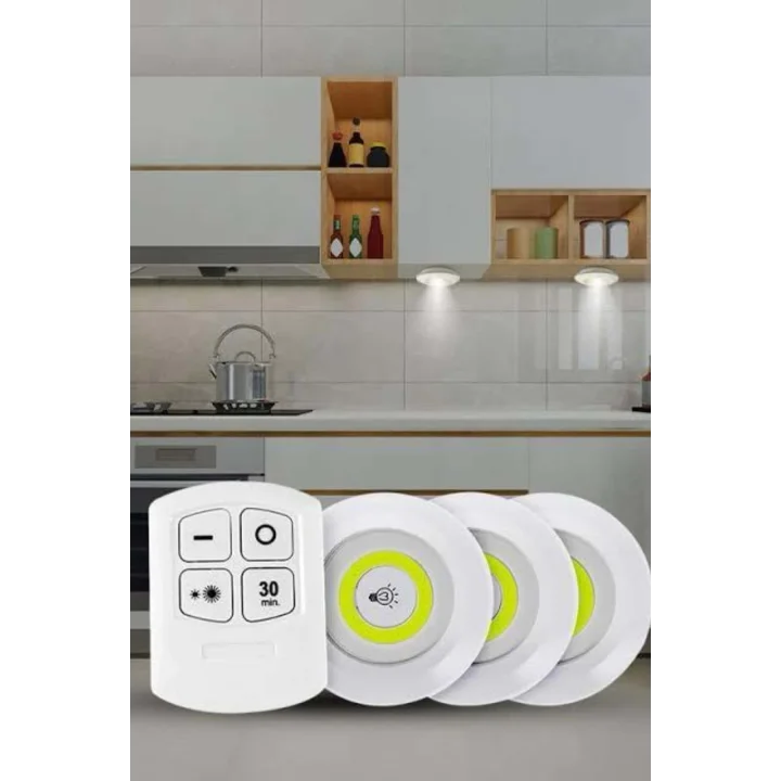 Mey İthalat® Yapışkanlı 3lü Spot Led Işık Lamba Montajsız Pilli Uzaktan Kumandalı