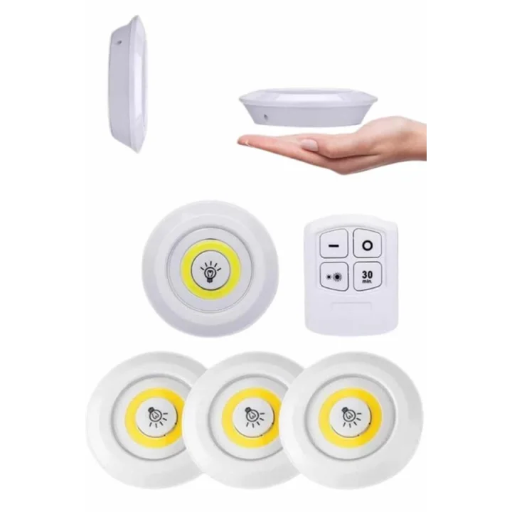 Mey İthalat® Yapışkanlı 3lü Spot Led Işık Lamba Montajsız Pilli Uzaktan Kumandalı