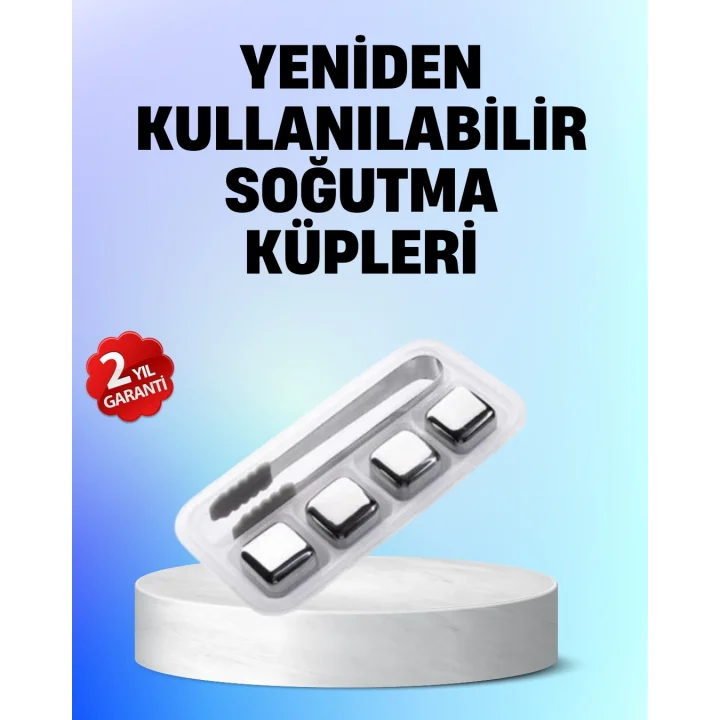 Mey İthalat® Yeniden Kullanılabilir 304 Çelik Metal Buz Küpleri 4lü Set