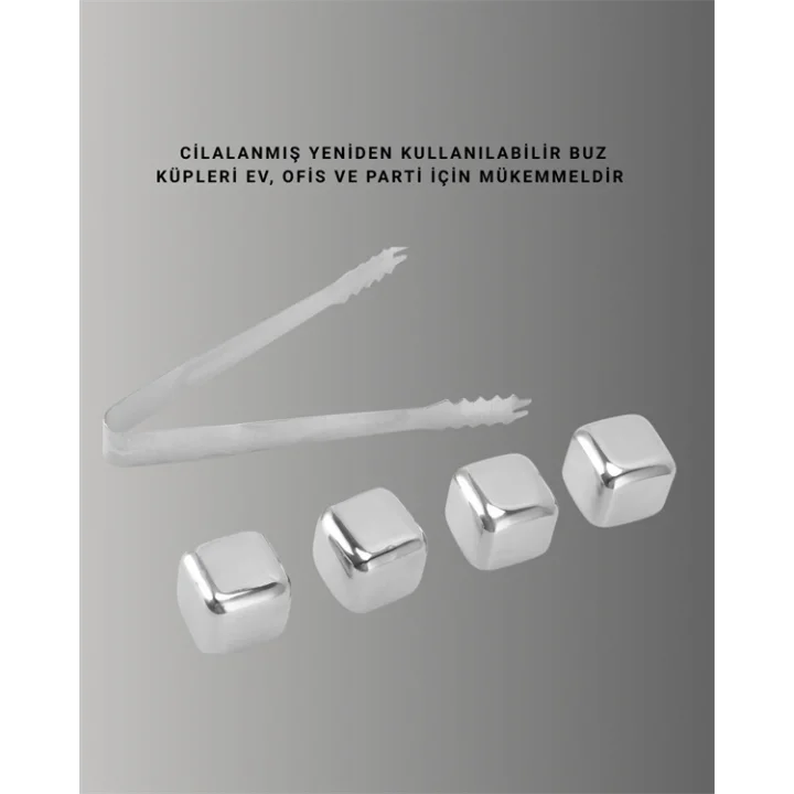 Mey İthalat® Yeniden Kullanılabilir 304 Çelik Metal Buz Küpleri 4lü Set