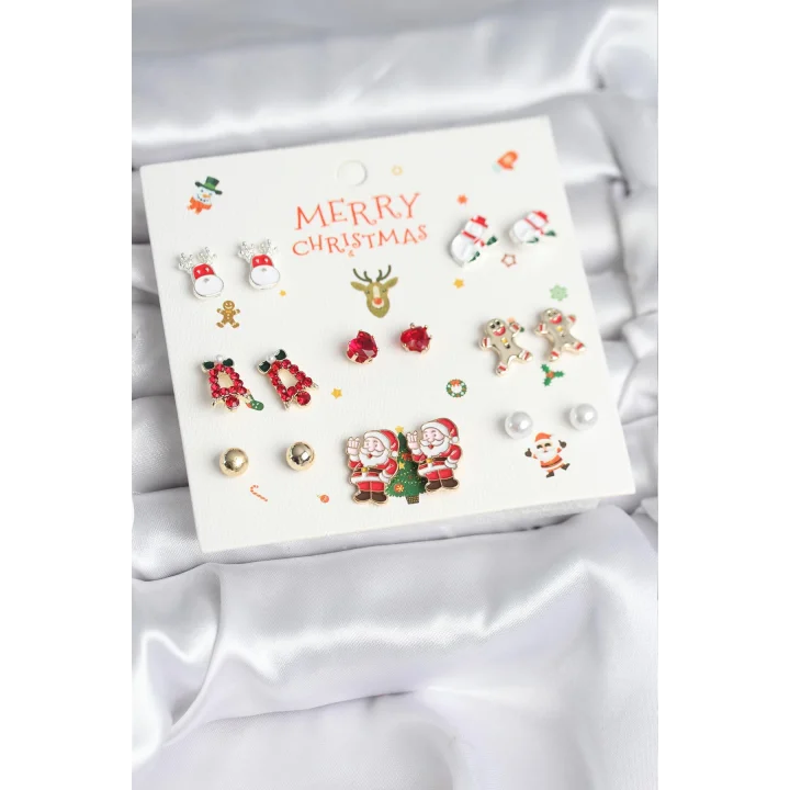 Mey İthalat® Yılbaşı Temalı Karışık Model 8 Çift Yılbaşı Temalı Kadın Küpe Seti