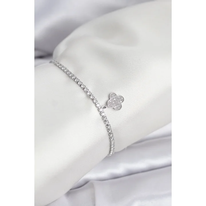 Mey İthalat® Yonca Model Zirkon Taşlı Gümüş Renk Asansörlü Su Yolu Bileklik