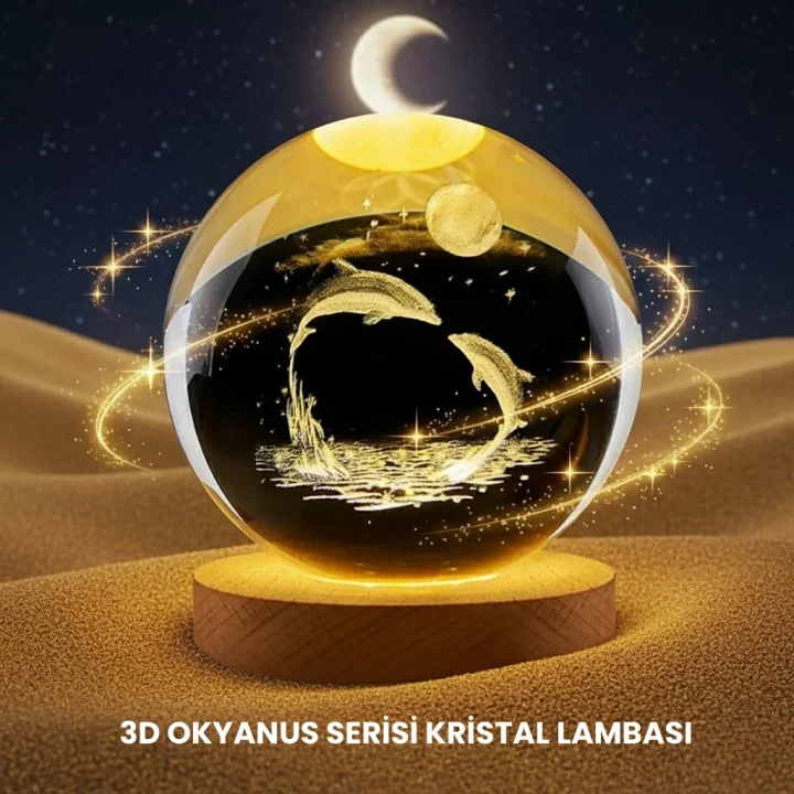 Mey İthalat® Yunus Temalı Kristal Küre USB Işıklı Ahşap Altlıklı Gece Lambası