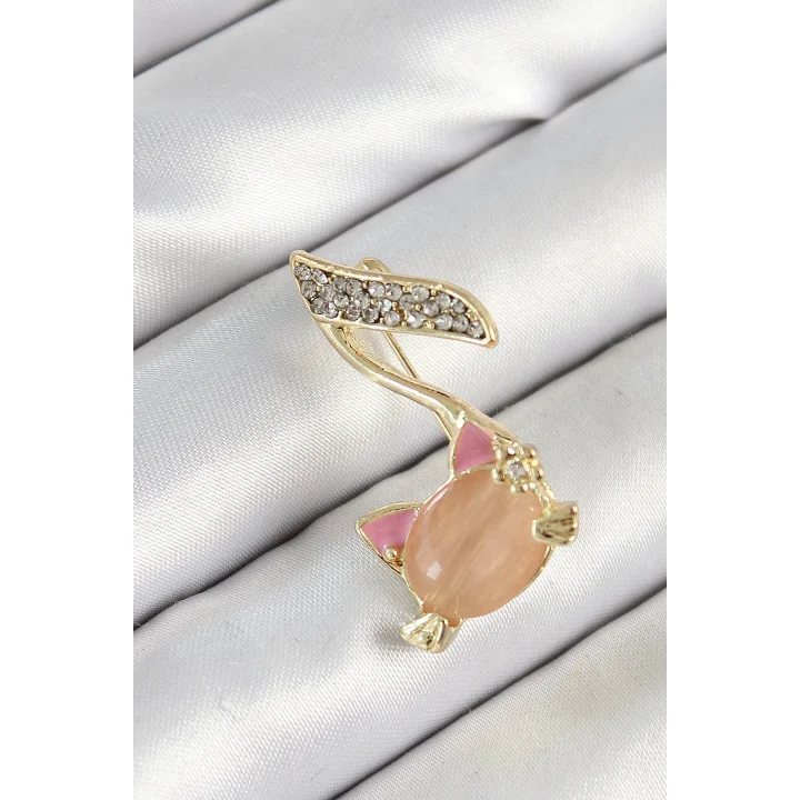 Mey İthalat® Zirkon Taşlı 3D Kedi Detaylı Nota Figürlü Gold Renk Kadın Broş