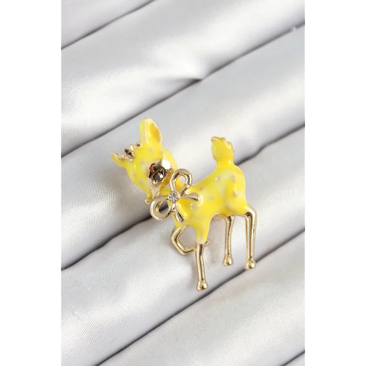 Mey İthalat® Zirkon Taşlı Fiyonk Detaylı 3D Sarı Ceylan Figürlü Gold Renk Kadın Broş