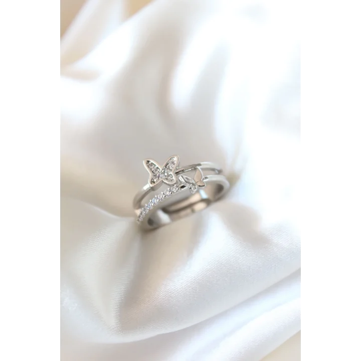 Mey İthalat® Zirkon Taşlı Gümüş Kaplama Kelebekli Kadın Yüzük