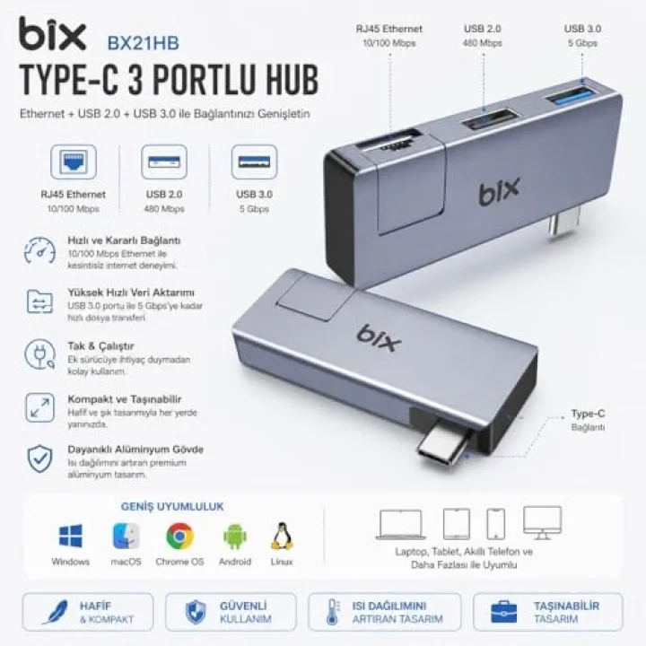 Bix BX21HB 3in1 Type-C to USB 3.2 USB 2.0 RJ45 10/100 Dönüştürücü Adaptör, Macbook Type C Ethernet Çevirici USB Hub