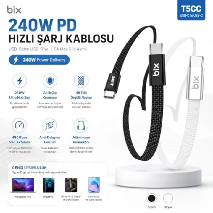 Bix T5CC-BK Siyah 1 Metre 240W Type-C to Type-C Örgülü Hızlı Şarj ve Data Kablosu, 480Mbps 240W Type C Turbo Şarj Kablosu, (Tüm Type C Telefon ve Tabletlerle Uyumludur) (Max 48V 5A)