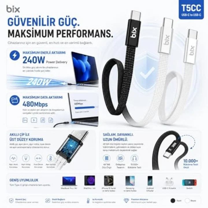 Bix T5CC-BK Siyah 1 Metre 240W Type-C to Type-C Örgülü Hızlı Şarj ve Data Kablosu, 480Mbps 240W Type C Turbo Şarj Kablosu, (Tüm Type C Telefon ve Tabletlerle Uyumludur) (Max 48V 5A)