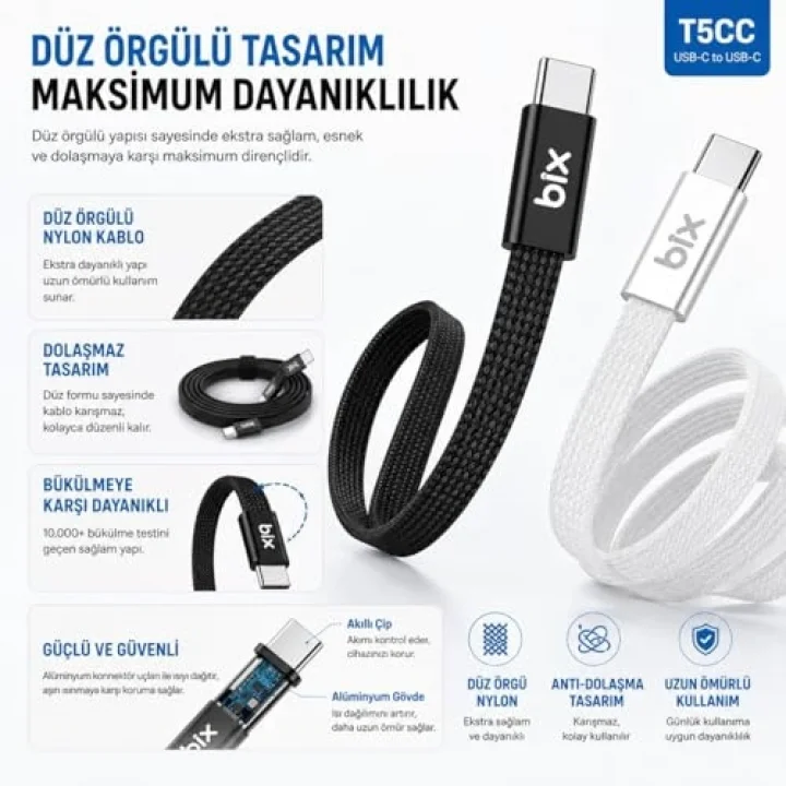Bix T5CC-BK Siyah 1 Metre 240W Type-C to Type-C Örgülü Hızlı Şarj ve Data Kablosu, 480Mbps 240W Type C Turbo Şarj Kablosu, (Tüm Type C Telefon ve Tabletlerle Uyumludur) (Max 48V 5A)