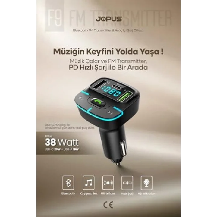Bluetooth FM Transmitter Araç Kiti, Hızlı Şarj, USB, Type-C, HD Mikrofon, 9914