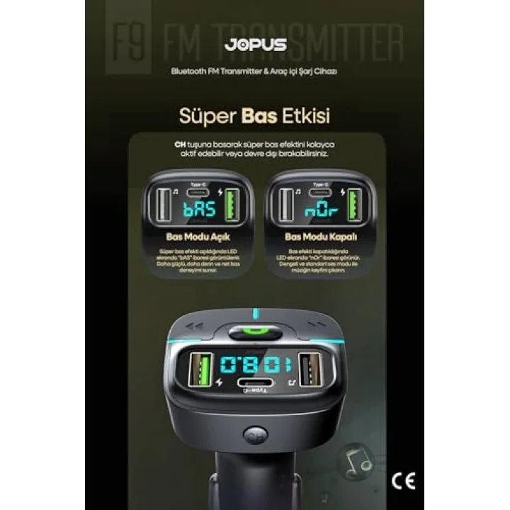 Bluetooth FM Transmitter Araç Kiti, Hızlı Şarj, USB, Type-C, HD Mikrofon, 9914