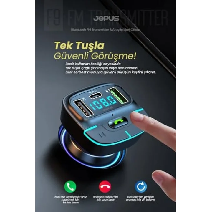Bluetooth FM Transmitter Araç Kiti, Hızlı Şarj, USB, Type-C, HD Mikrofon, 9914