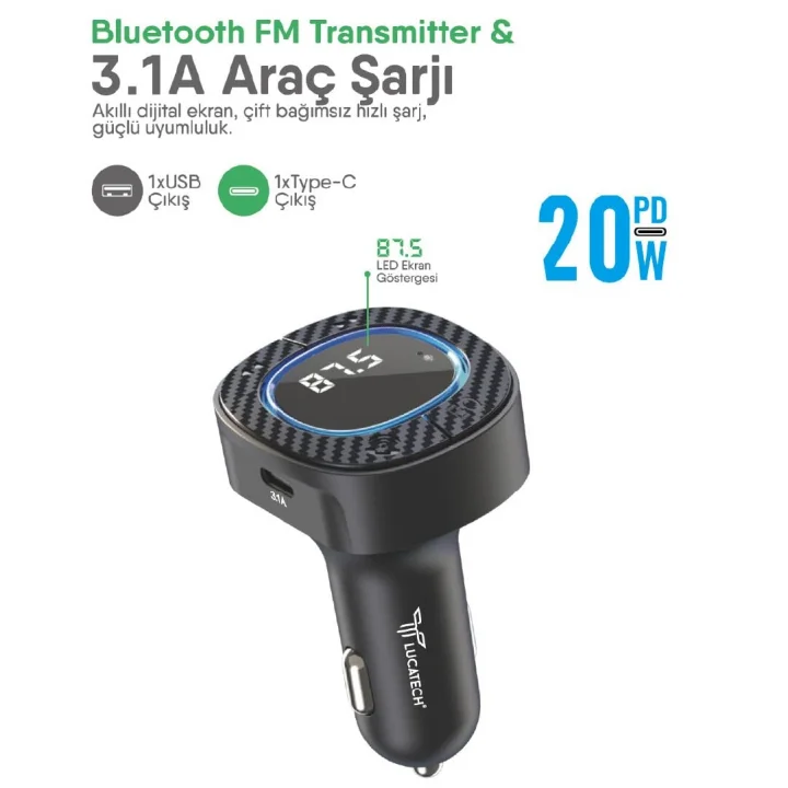 Bluetooth FM Transmitter USB Destekli Araç Şarjı