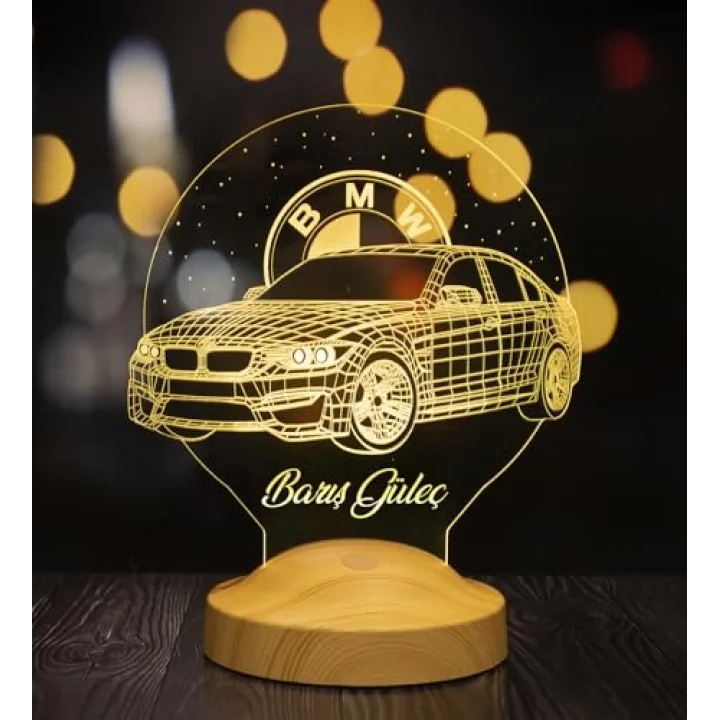 BMW Logolu İsimli Led Lamba, Araba Hayranlarına Hediye, Doğum Günü Hediyesi, Kişiye Özel Hediye 3D Led Lamba