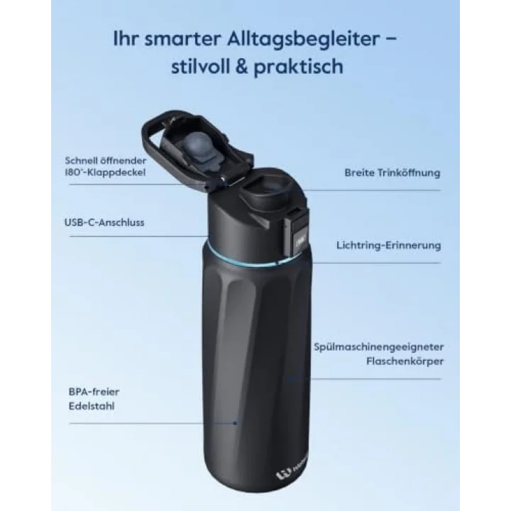 Boost Akıllı Su Şişesi, Hatırlatıcı ve İzleyici, Çift Duvarlı Vakum Yalıtımlı Şişeler, Paslanmaz Çelik, 32 oz BPA İçermeyen Geniş Ağız, Okul, Spor Salonu, Ofis, Babalar Günü için İdeal
