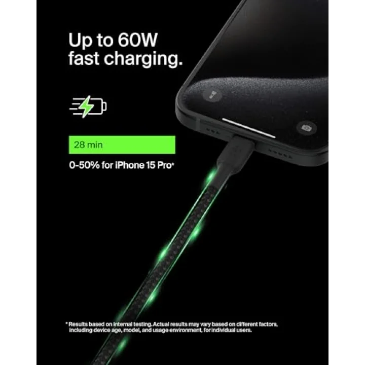 Boost Charge Örgülü USB-C, Hızlı Şarj Cihazı, USB-C Şarj Kablosu, iPhone 16, 15, Samsung Galaxy S24, S23, Pixel, iPad, MacBook, Nintendo ve Daha Fazlası için Hızlı Şarj, 1 Metre, Siyah