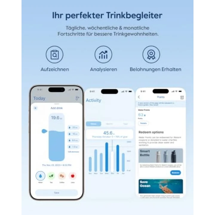 Boost Yalıtımlı Paslanmaz Çelik Akıllı Su Şişesi, 32 oz Bluetooth Akıllı İzleyici ve İçki Hatırlatma (Mavi)
