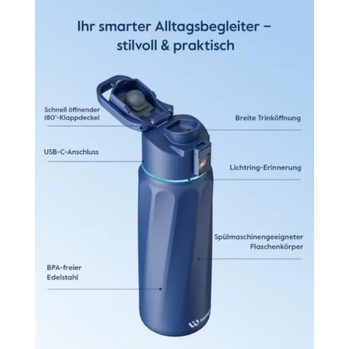Boost Yalıtımlı Paslanmaz Çelik Akıllı Su Şişesi, 32 oz Bluetooth Akıllı İzleyici ve İçki Hatırlatma (Mavi)
